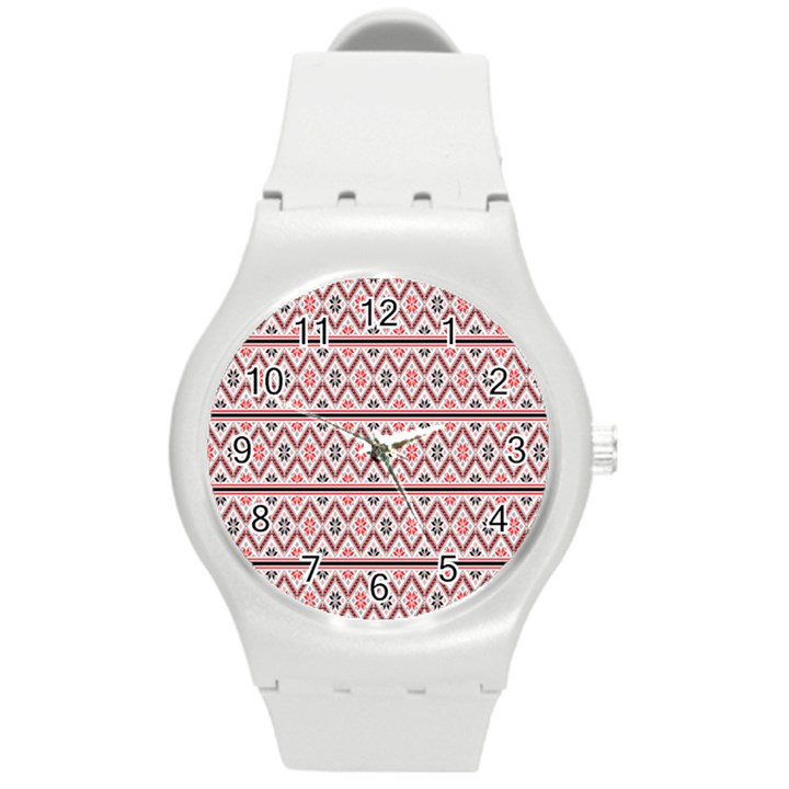 Clipart Embroidery Star Red Line Black Round Plastic Sport Watch (M)