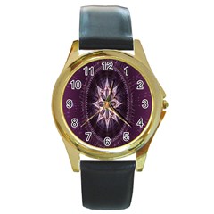 Flower Twirl Star Space Purple Round Gold Metal Watch by Mariart