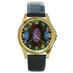 Flower Stigma Colorful Rainbow Animation Gold Space Round Gold Metal Watch by Mariart