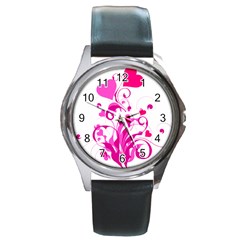 Heart Flourish Pink Valentine Round Metal Watch by Mariart