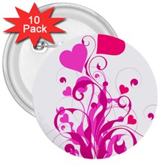 Heart Flourish Pink Valentine 3  Buttons (10 Pack) 