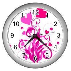 Heart Flourish Pink Valentine Wall Clocks (silver) 