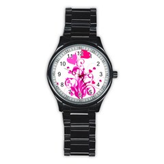 Heart Flourish Pink Valentine Stainless Steel Round Watch by Mariart