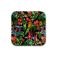 Hawaiian Girls Black Flower Floral Summer Rubber Square Coaster (4 Pack) 