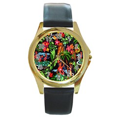 Hawaiian Girls Black Flower Floral Summer Round Gold Metal Watch