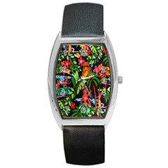 Hawaiian Girls Black Flower Floral Summer Barrel Style Metal Watch