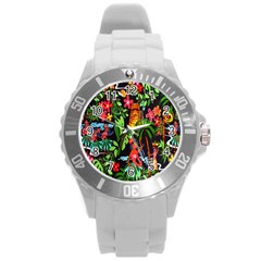 Hawaiian Girls Black Flower Floral Summer Round Plastic Sport Watch (l) by Mariart