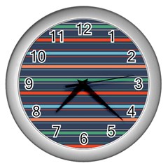 Horizontal Line Blue Green Wall Clocks (silver) 