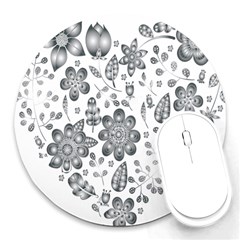 Grayscale Floral Heart Background Round Mousepads