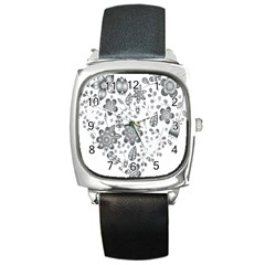 Grayscale Floral Heart Background Square Metal Watch