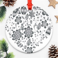 Grayscale Floral Heart Background Round Ornament (two Sides)