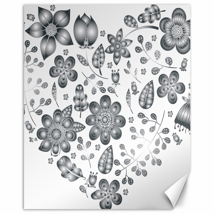 Grayscale Floral Heart Background Canvas 11  x 14  