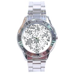 Grayscale Floral Heart Background Stainless Steel Analogue Watch by Mariart