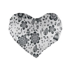 Grayscale Floral Heart Background Standard 16  Premium Flano Heart Shape Cushions by Mariart