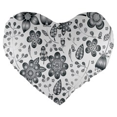 Grayscale Floral Heart Background Large 19  Premium Flano Heart Shape Cushions