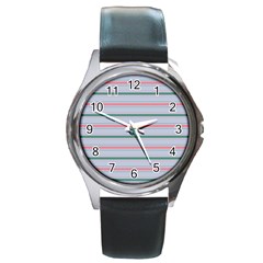 Horizontal Line Green Pink Gray Round Metal Watch