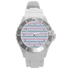 Horizontal Line Green Pink Gray Round Plastic Sport Watch (l)