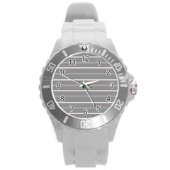 Horizontal Line Grey Pink Round Plastic Sport Watch (l) by Mariart