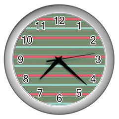 Horizontal Line Red Green Wall Clocks (silver)  by Mariart