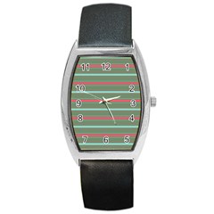 Horizontal Line Red Green Barrel Style Metal Watch