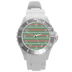 Horizontal Line Red Green Round Plastic Sport Watch (l)