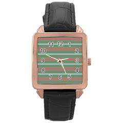 Horizontal Line Red Green Rose Gold Leather Watch 