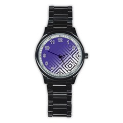 Plaid Blue White Stainless Steel Round Watch