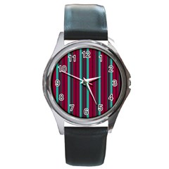 Red Blue Line Vertical Round Metal Watch