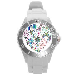 Prismatic Psychedelic Floral Heart Background Round Plastic Sport Watch (l) by Mariart