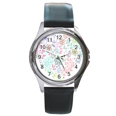 Prismatic Neon Floral Heart Love Valentine Flourish Rainbow Round Metal Watch