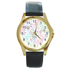 Prismatic Neon Floral Heart Love Valentine Flourish Rainbow Round Gold Metal Watch by Mariart