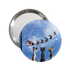 Christmas, Cute Cats Looking In The Sky To Santa Claus 2 25  Handbag Mirrors by FantasyWorld7