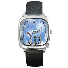 Christmas, Cute Cats Looking In The Sky To Santa Claus Square Metal Watch by FantasyWorld7