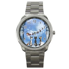 Christmas, Cute Cats Looking In The Sky To Santa Claus Sport Metal Watch by FantasyWorld7