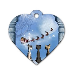 Christmas, Cute Cats Looking In The Sky To Santa Claus Dog Tag Heart (two Sides) by FantasyWorld7