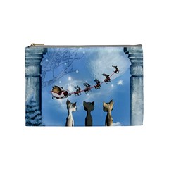 Christmas, Cute Cats Looking In The Sky To Santa Claus Cosmetic Bag (medium)  by FantasyWorld7