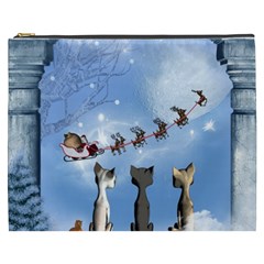 Christmas, Cute Cats Looking In The Sky To Santa Claus Cosmetic Bag (xxxl)  by FantasyWorld7