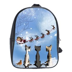 Christmas, Cute Cats Looking In The Sky To Santa Claus School Bag (xl) by FantasyWorld7