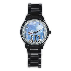 Christmas, Cute Cats Looking In The Sky To Santa Claus Stainless Steel Round Watch by FantasyWorld7