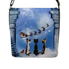 Christmas, Cute Cats Looking In The Sky To Santa Claus Flap Messenger Bag (l)  by FantasyWorld7