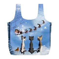 Christmas, Cute Cats Looking In The Sky To Santa Claus Full Print Recycle Bags (l)  by FantasyWorld7