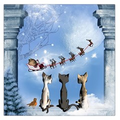 Christmas, Cute Cats Looking In The Sky To Santa Claus Large Satin Scarf (square)