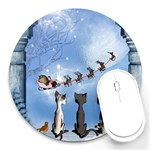 Christmas, Cute Cats Looking In The Sky To Santa Claus Round Mousepads Front