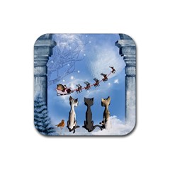 Christmas, Cute Cats Looking In The Sky To Santa Claus Rubber Coaster (square)  by FantasyWorld7