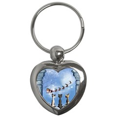 Christmas, Cute Cats Looking In The Sky To Santa Claus Key Chains (heart)  by FantasyWorld7