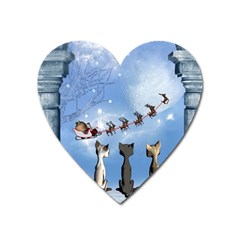 Christmas, Cute Cats Looking In The Sky To Santa Claus Heart Magnet by FantasyWorld7