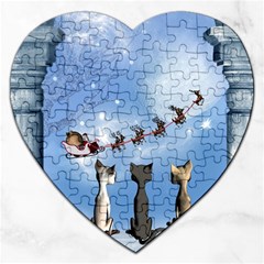 Christmas, Cute Cats Looking In The Sky To Santa Claus Jigsaw Puzzle (heart) by FantasyWorld7