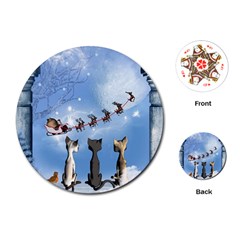 Christmas, Cute Cats Looking In The Sky To Santa Claus Playing Cards (round)  by FantasyWorld7