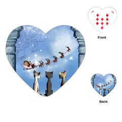 Christmas, Cute Cats Looking In The Sky To Santa Claus Playing Cards (heart)  by FantasyWorld7