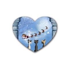 Christmas, Cute Cats Looking In The Sky To Santa Claus Rubber Coaster (heart)  by FantasyWorld7